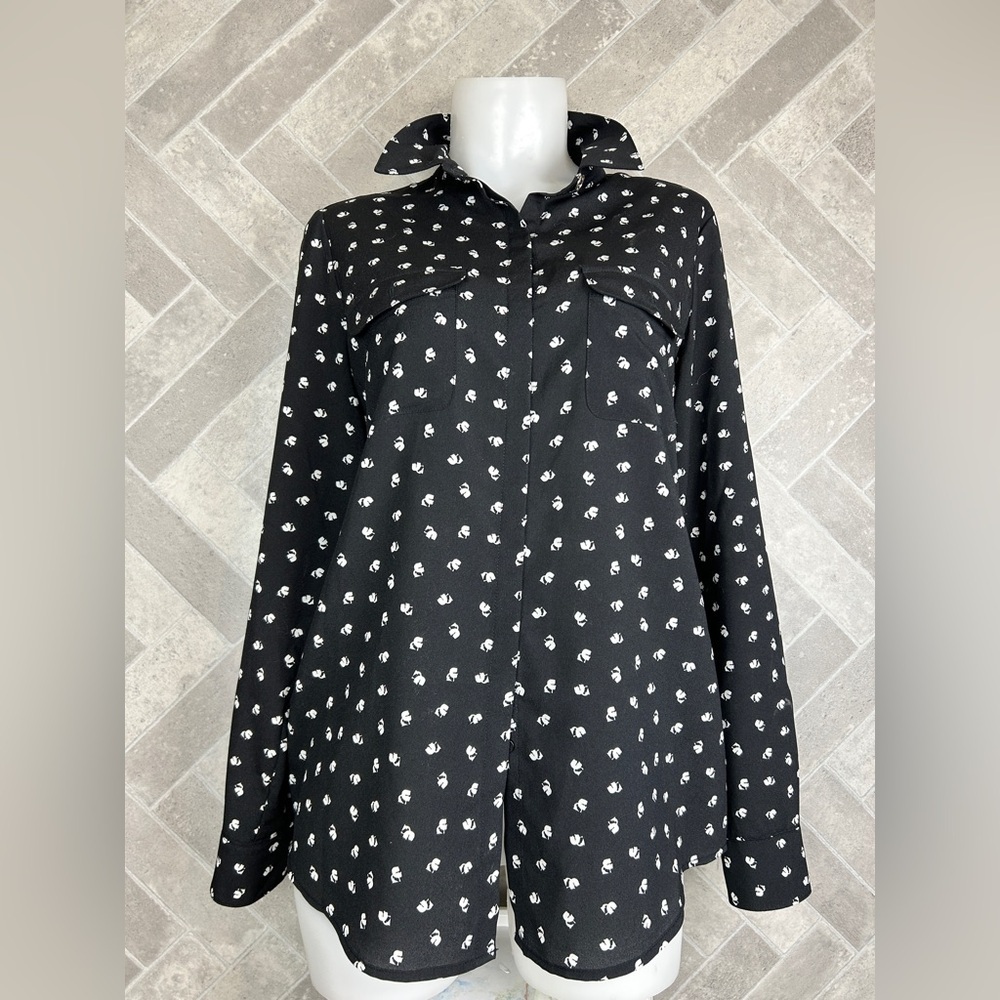 Karl Lagerfeld Paris button down top long sleeve black white logo small